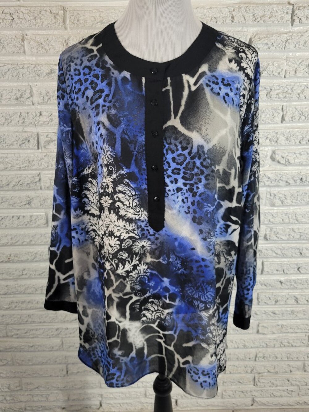 CJ Banks Tunic Blouse 1X Plus Size‎ Blue Black Animal Print Sheer ANI52E